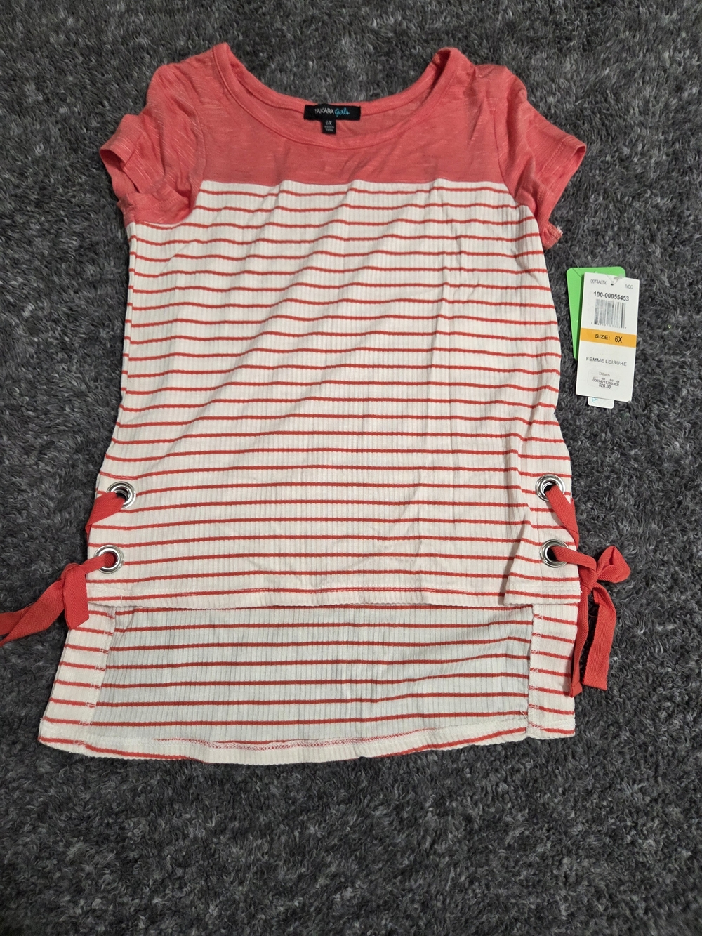 Takara Coral and White Striped Girls Tee with Side Tie Detail